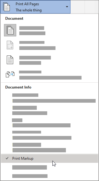2. در زیر Document Info گزینه Print Markup را انتخاب کنید تا تمام علامت‌های تیک برداشته شوند.